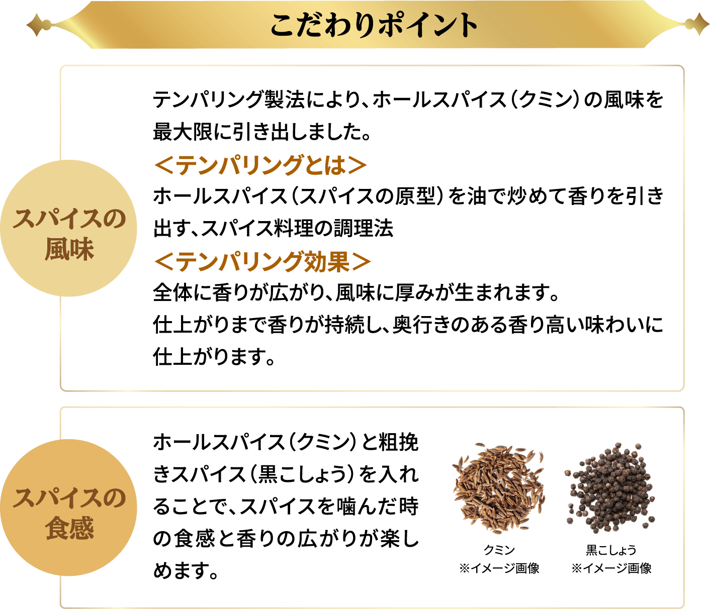 こだわりポイント テンパリング製法により、ホールスパイス（クミン）の風味を最大限に引き出しました。＜テンパリングとは＞ホールスパイス（スパイスの原型）を油で炒めて香りを引き出す、スパイス料理の調理法＜テンパリング効果＞全体に香りが広がり、風味に厚みが生まれます。仕上がりまで香りが持続し、奥行きのある香り高い味わいに仕上がります。ホールスパイス（クミン）と粗挽きスパイス（黒こしょう）を入れることで、スパイスを噛んだ時の食感と香りの広がりが楽しめます。