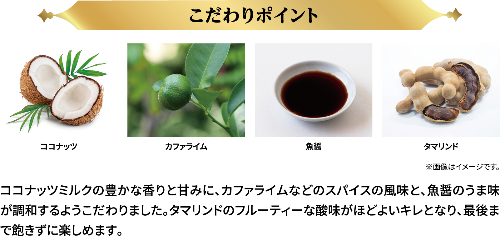 こだわりポイント ココナッツミルクの豊かな香りと甘みに、カファライムなどのスパイスの風味と、魚醤のうま味が調和するようこだわりました。タマリンドのフルーティーな酸味がほどよいキレとなり、最後まで飽きずに楽しめます。