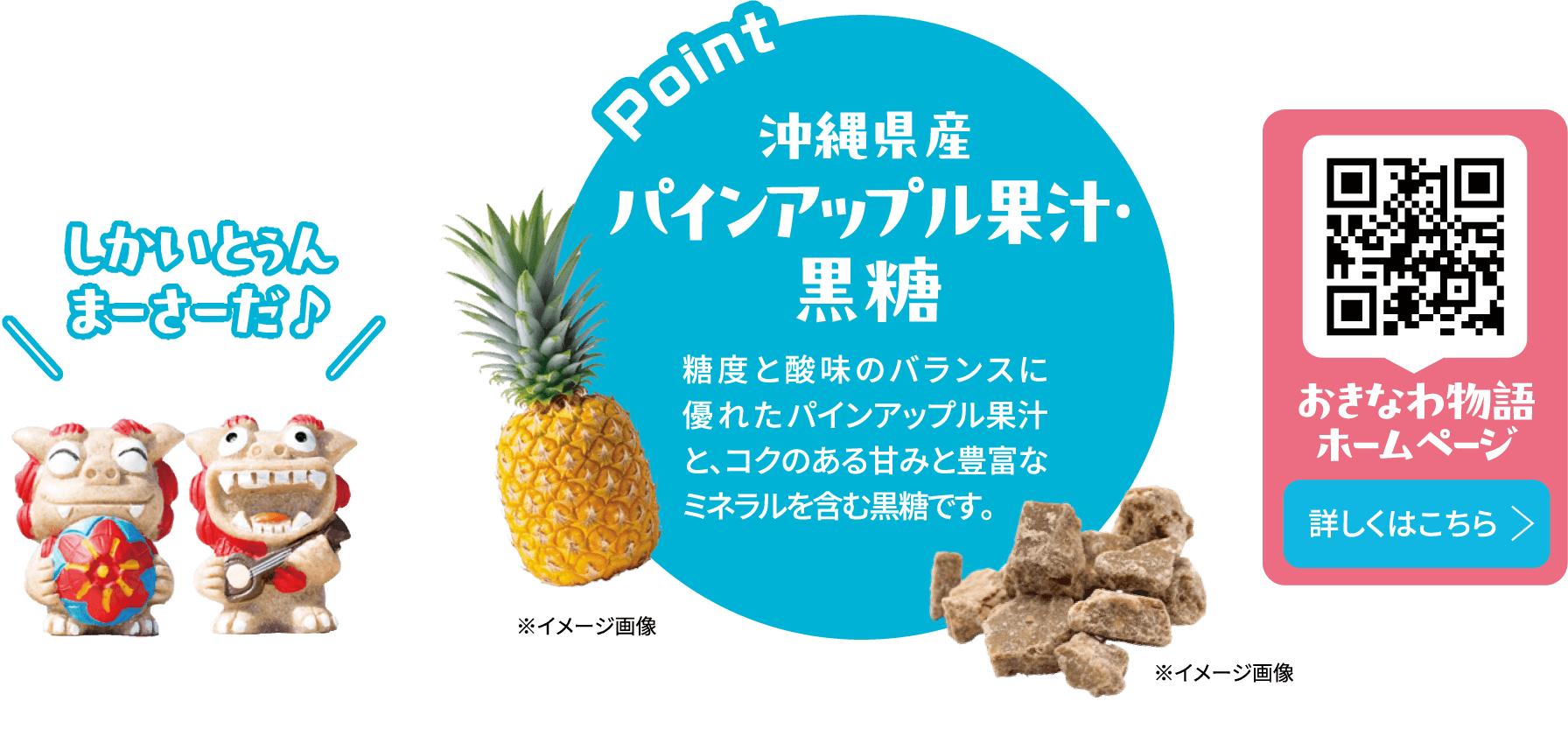 沖縄県産パインアップル果汁・黒糖 糖度と酸味のバランスに優れたパインアップル果汁と、コクのある甘みと豊富なミネラルを含む黒糖です。